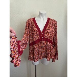 Easel Red/orange Floral Print Lace Trim V Neck Peasant Blouse Women's Size L
